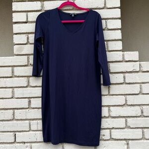 Eileen Fisher Viscose-Jersey Three-Quarter-Sleeve V-Neck Dress in Navy - Size XS